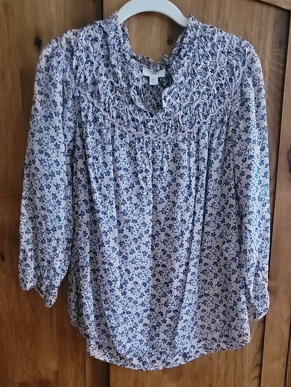 100% Cotton Blue Floral Smocked Peasant Blouse - Women's Top